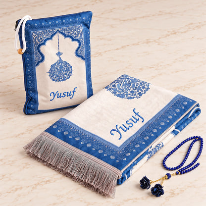 Personalized Embroidered Velvet Prayer Mat Set – Luxury Mihrab Design Prayer Rug with Matching Pouch & Pearl Tasbih