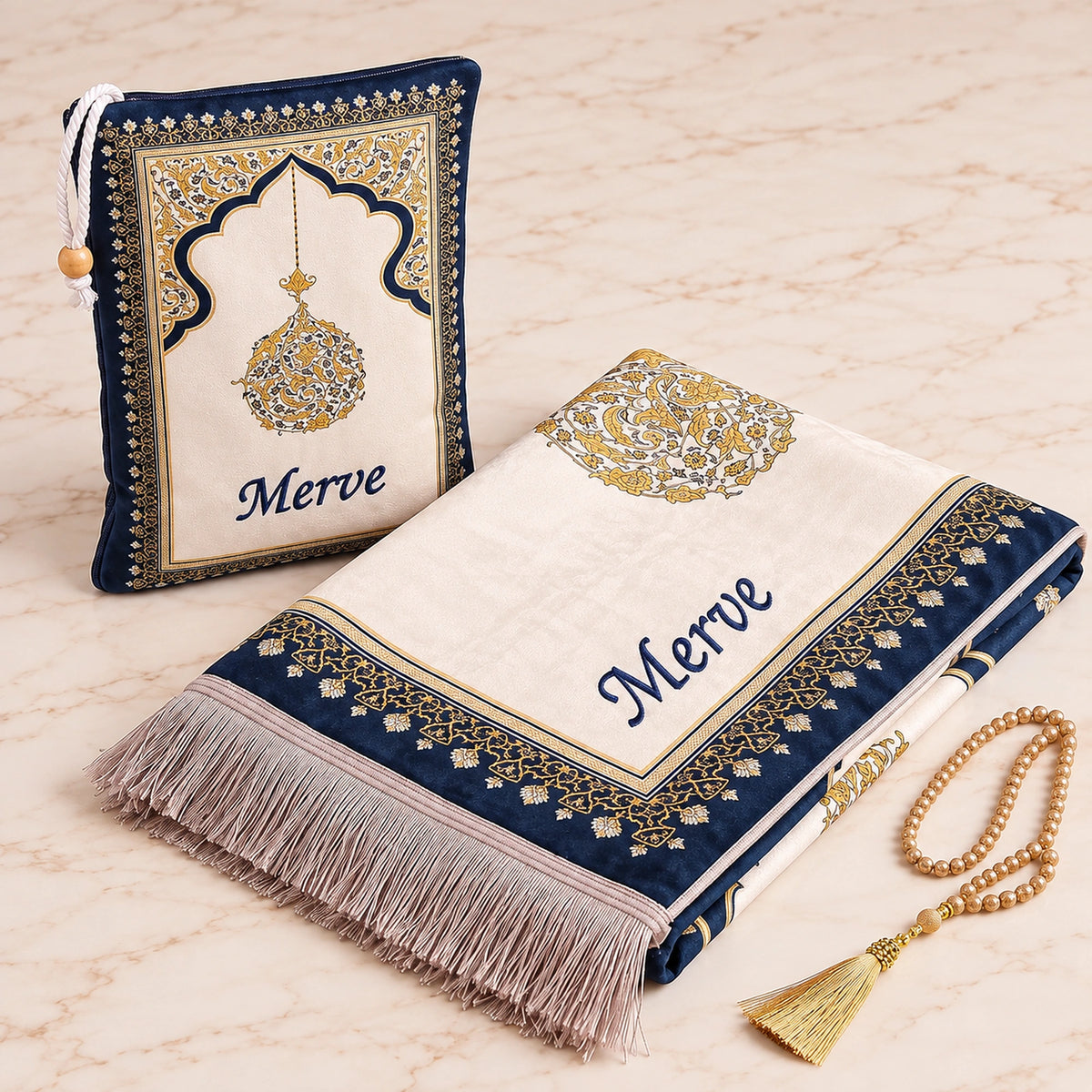 Personalized Embroidered Velvet Prayer Mat Set – Luxury Mihrab Design Prayer Rug with Matching Pouch & Pearl Tasbih