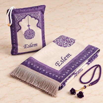 Personalized Embroidered Velvet Prayer Mat Set – Luxury Mihrab Design Prayer Rug with Matching Pouch & Pearl Tasbih