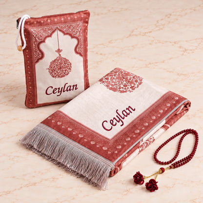 Personalized Embroidered Velvet Prayer Mat Set – Luxury Mihrab Design Prayer Rug with Matching Pouch & Pearl Tasbih