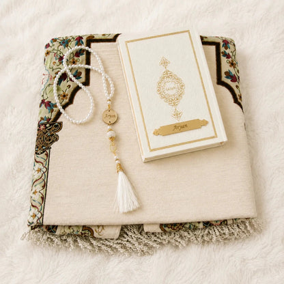 Personalized Quran and Prayer Mat Set for Islamic Gift White - ihvan