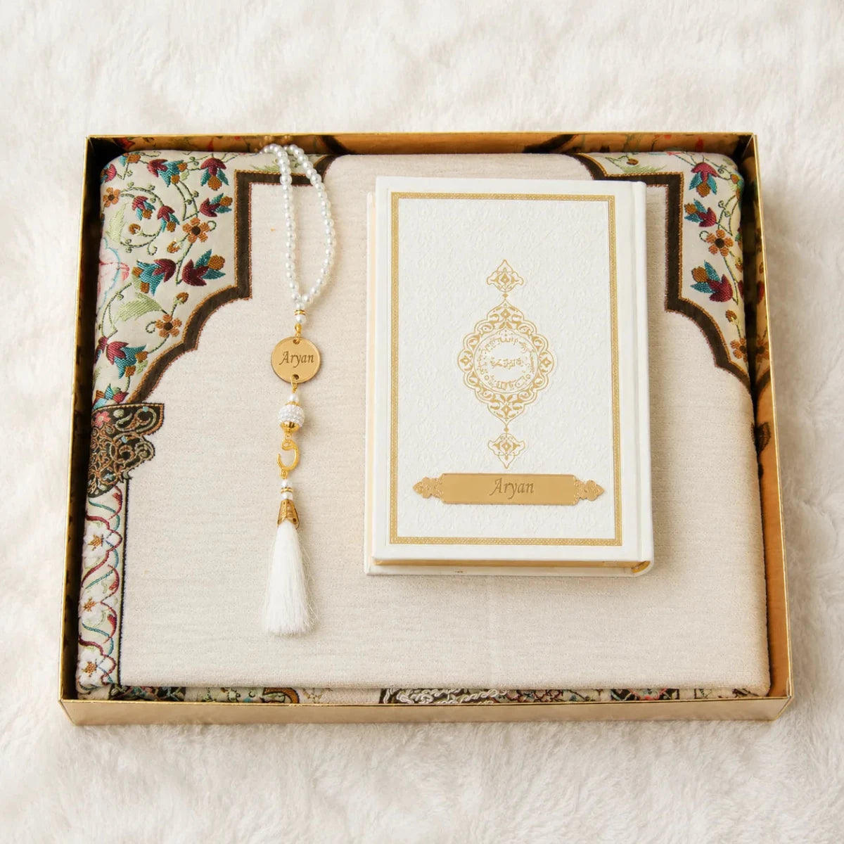 Personalized Quran and Prayer Mat Set for Islamic Gift White - ihvan