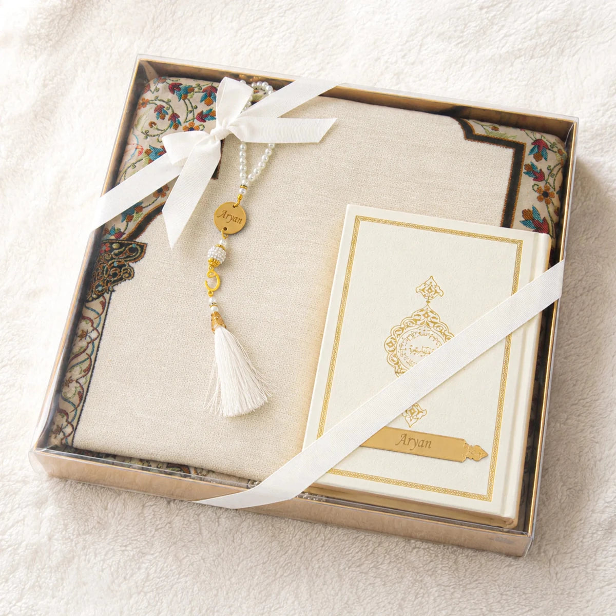 Personalized Quran and Prayer Mat Set for Islamic Gift White - ihvan