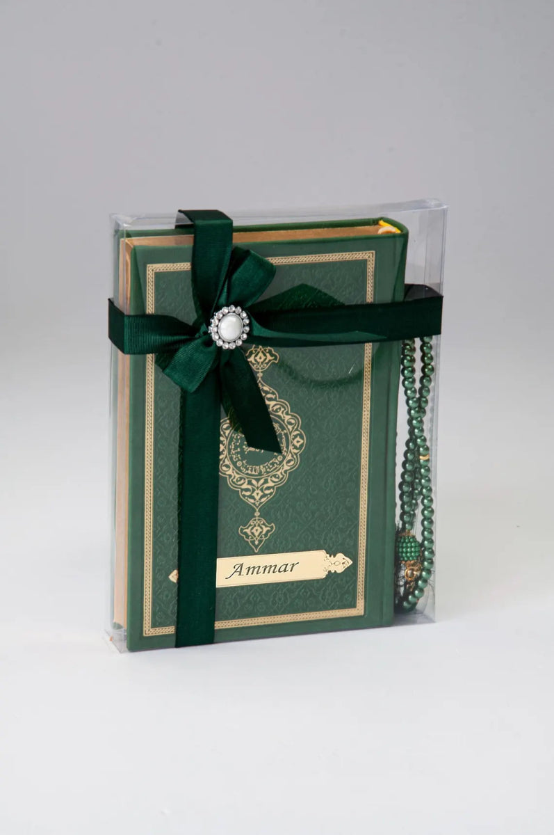Personalized Quran Gift Set – Custom Name Tag, Medina Script & Prayer Beads in Luxury Box - ihvan