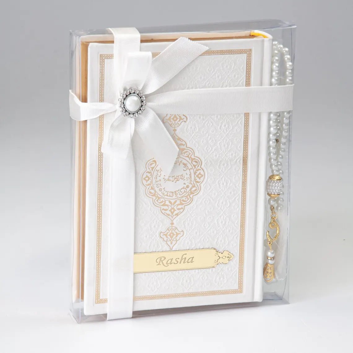Personalized Quran Gift Set – Custom Name Tag, Medina Script & Prayer Beads in Luxury Box - ihvan
