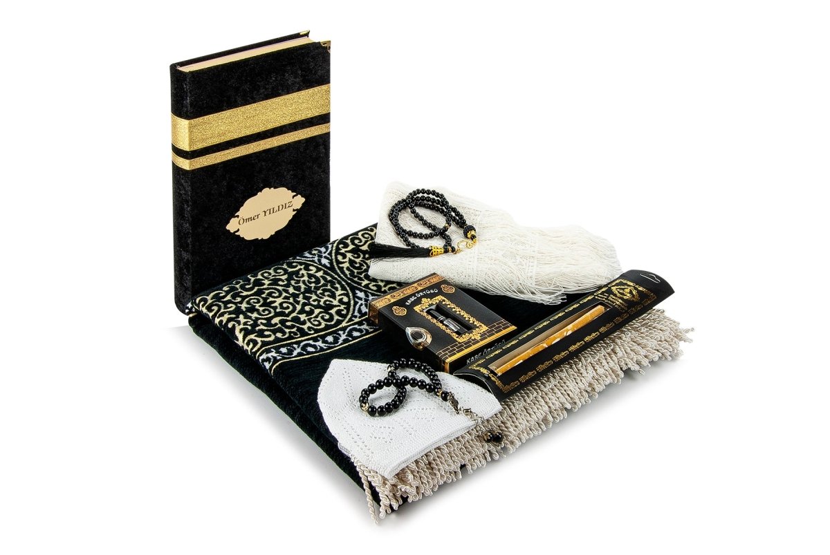 Personalized Ramadan Gift Set – Kaaba Pattern Quran, Prayer Rug, Tasbeeh, Miswak & More - ihvan