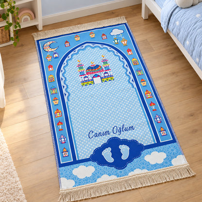 Personalized Ramadan Prayer Rug for Kids with Glitter Tassels