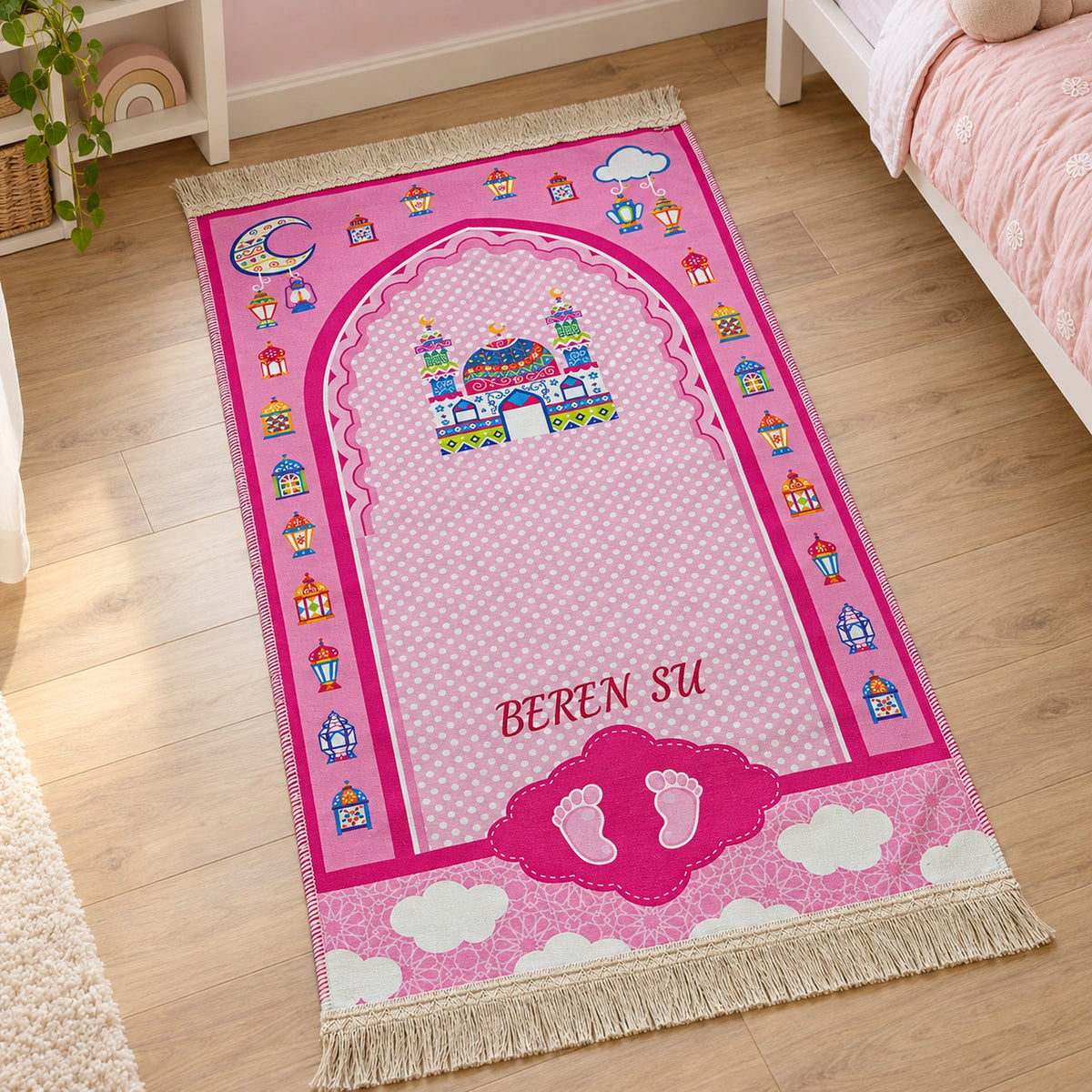 Personalized Ramadan Prayer Rug for Kids with Glitter Tassels