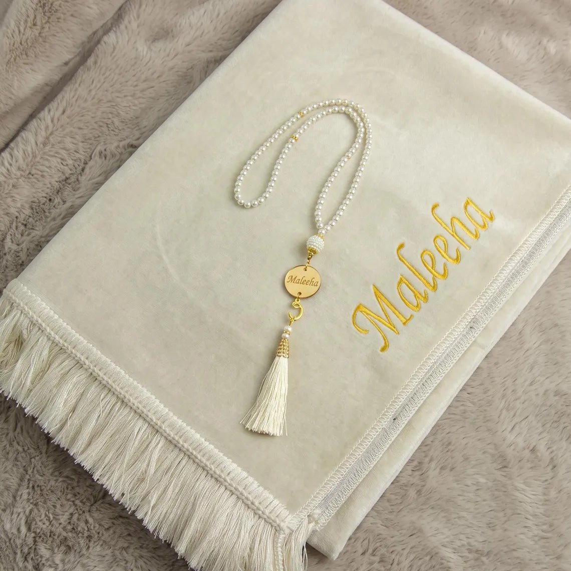 Personalized Velvet Prayer Mat and Custom Tasbeeh Green - ihvan