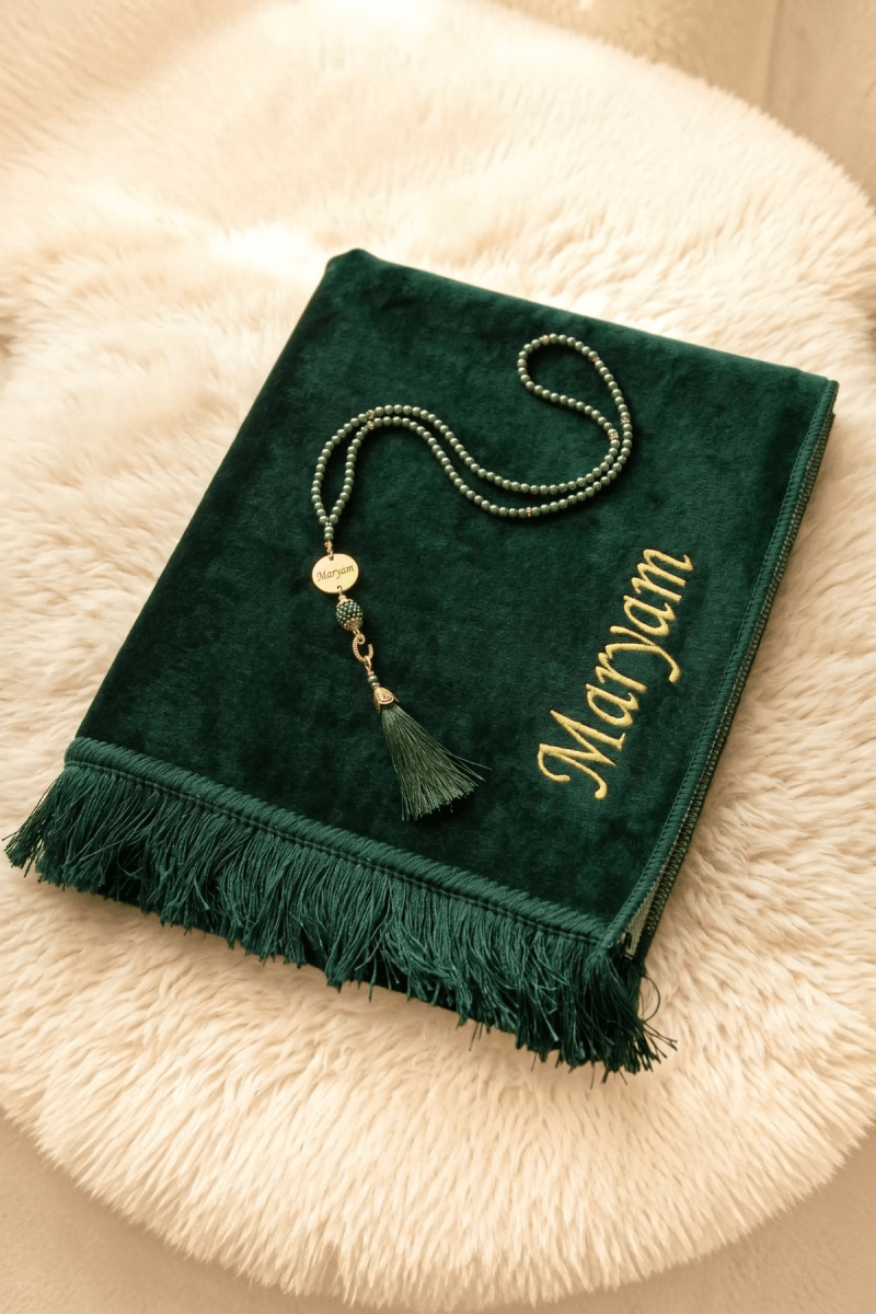 Personalized Velvet Prayer Mat and Custom Tasbeeh Green - ihvan