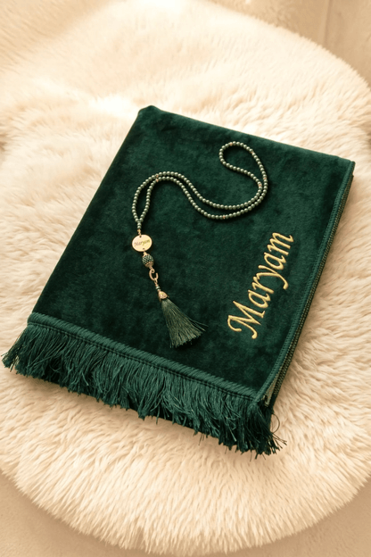 Personalized Velvet Prayer Mat and Custom Tasbeeh Green - ihvan