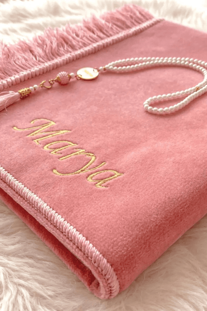 Personalized Velvet Prayer Mat and Custom Tasbeeh Green - ihvan