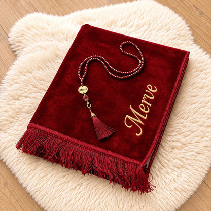 Personalized Velvet Prayer Rug & Tasbih Gift Set - ihvan