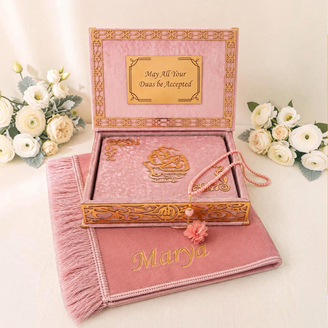 Personalized Velvet Quran and Prayer Mat Gift Set with Velvet Box and 99-Bead Tasbih Islamic Gift Wedding Favors - ihvan