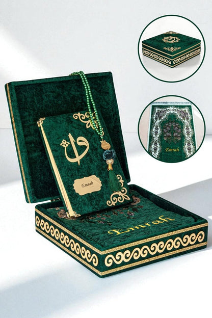 Personalized Velvet Quran Gift Chest Set with Name Embroidered Prayer Rug & Tasbeeh - ihvan