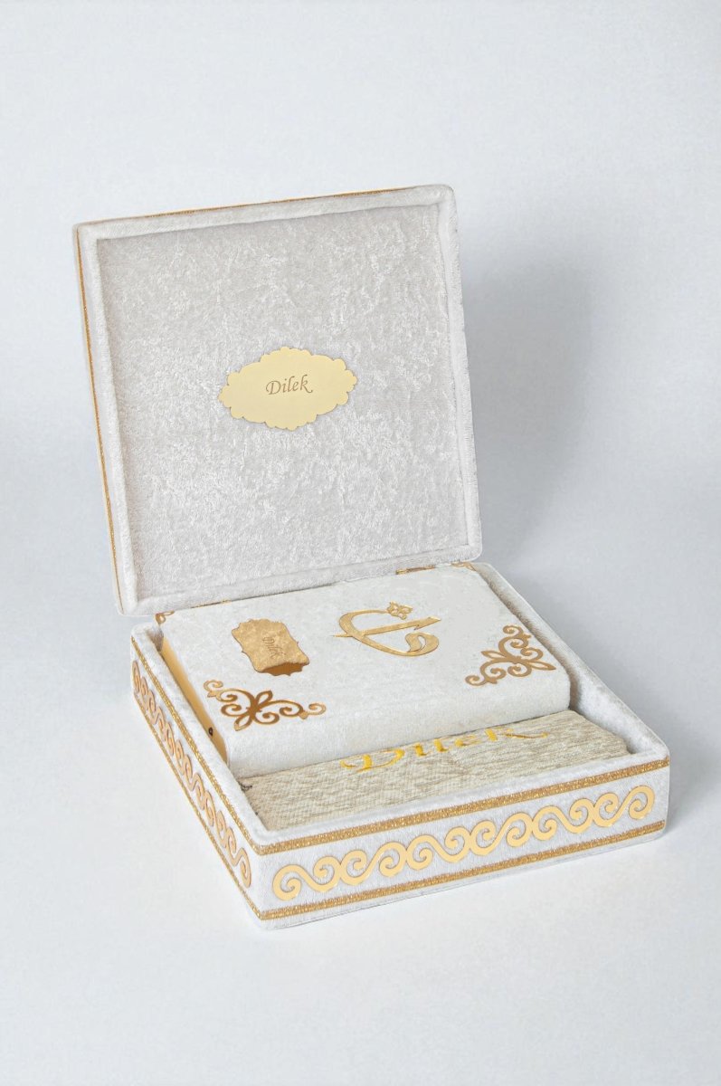 Personalized Velvet Quran Gift Chest Set with Name Embroidered Prayer Rug & Tasbeeh - ihvan