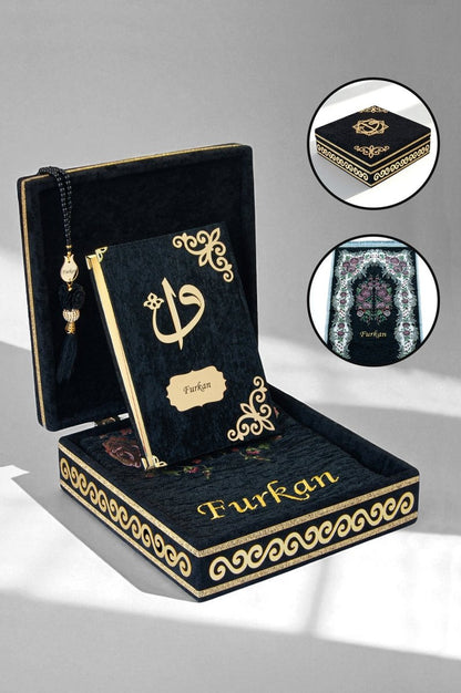 Personalized Velvet Quran Gift Chest Set with Name Embroidered Prayer Rug & Tasbeeh - ihvan