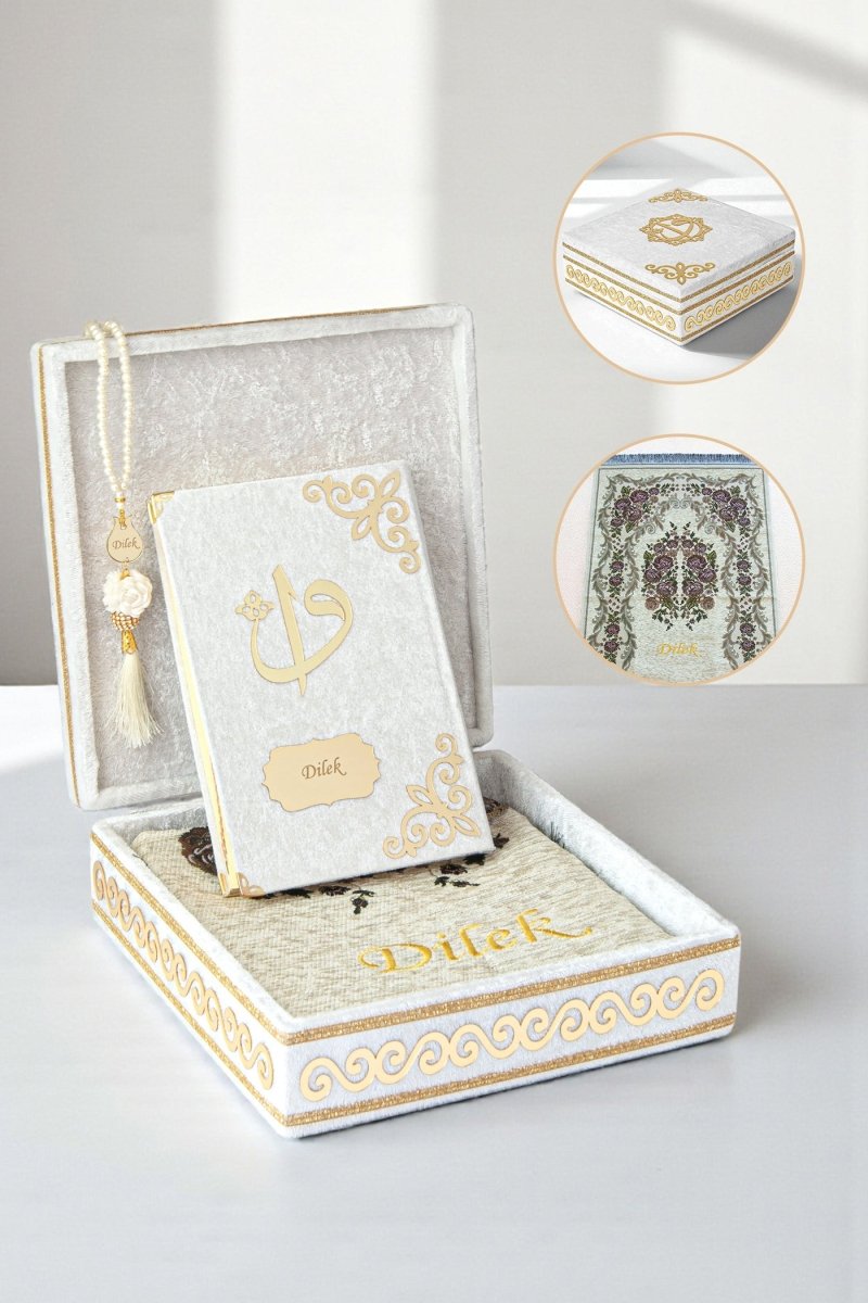 Personalized Velvet Quran Gift Chest Set with Name Embroidered Prayer Rug & Tasbeeh - ihvan