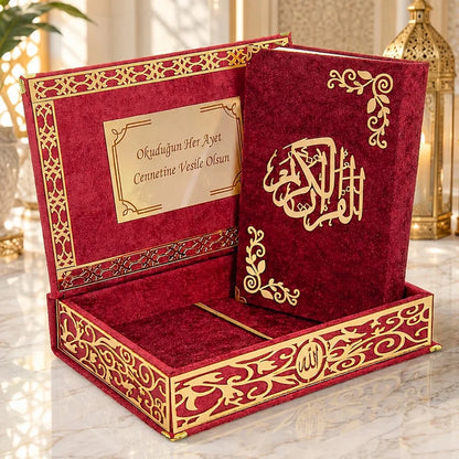 Personalized Velvet Quran Gift Set with Laser-Cut Decorative Storage Chest - ihvan