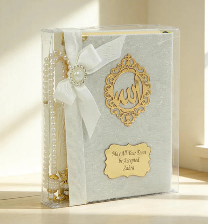 Personalized Velvet Quran Gift Set with Tasbeeh, Pocket Size Madinah Script Quran, Islamic Gift, Eid, Wedding Gift - ihvan