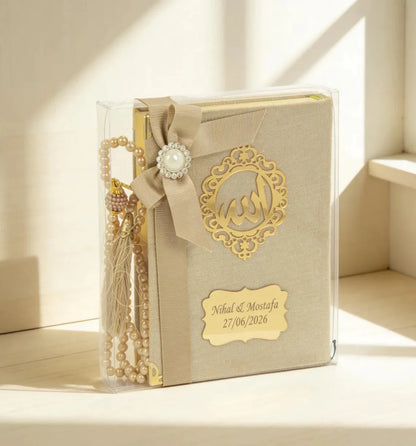 Personalized Velvet Quran Gift Set with Tasbeeh, Pocket Size Madinah Script Quran, Islamic Gift, Eid, Wedding Gift - ihvan