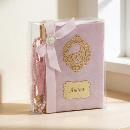 Personalized Velvet Quran Gift Set with Tasbeeh, Pocket Size Madinah Script Quran, Islamic Gift, Eid, Wedding Gift - ihvan