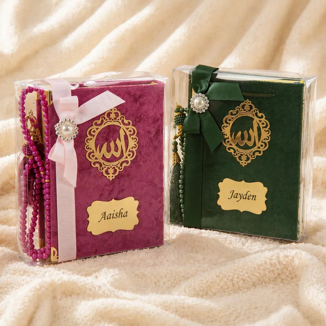 Personalized Velvet Quran Gift Set with Tasbeeh, Pocket Size Madinah Script Quran, Islamic Gift, Eid, Wedding Gift - ihvan