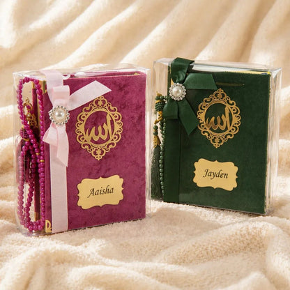 Personalized Velvet Quran Gift Set with Tasbeeh, Pocket Size Madinah Script Quran, Islamic Gift, Eid, Wedding Gift - ihvan