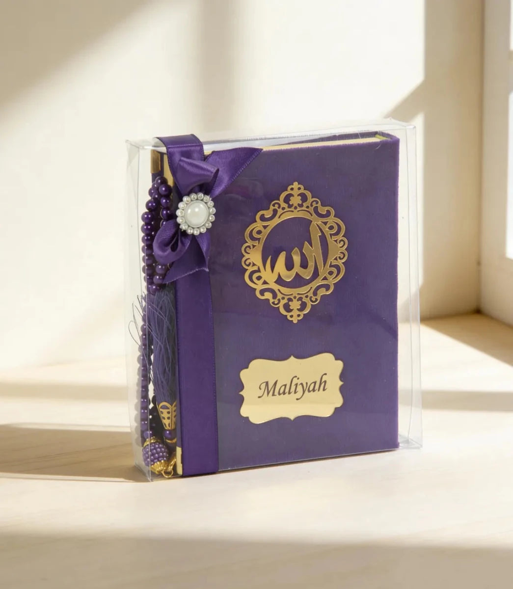 Personalized Velvet Quran Gift Set with Tasbeeh, Pocket Size Madinah Script Quran, Islamic Gift, Eid, Wedding Gift - ihvan
