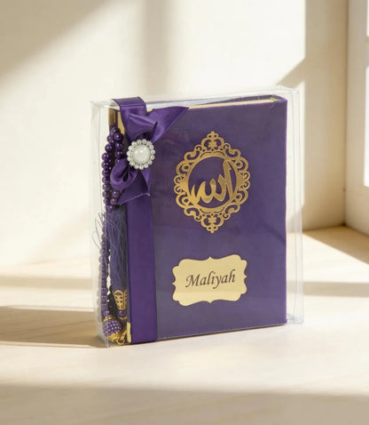 Personalized Velvet Quran Gift Set with Tasbeeh, Pocket Size Madinah Script Quran, Islamic Gift, Eid, Wedding Gift - ihvan