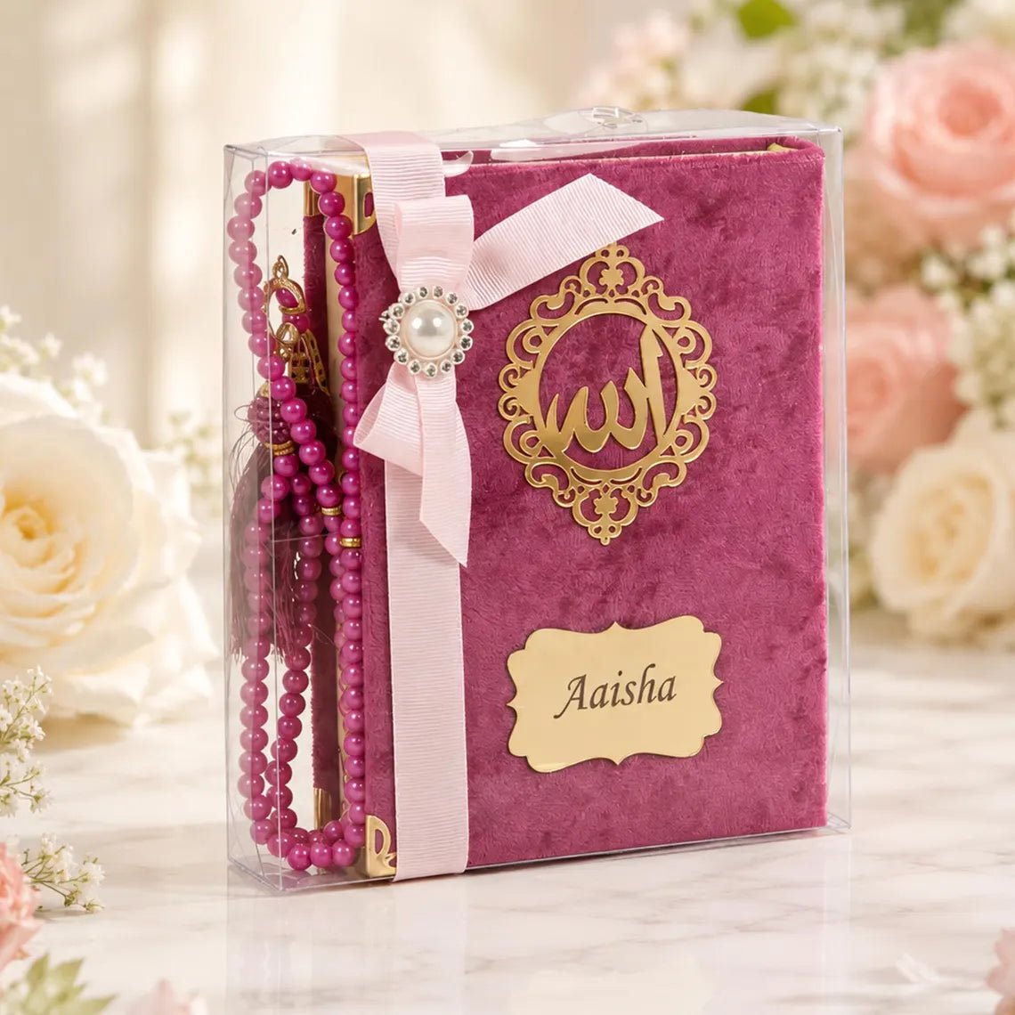 Personalized Velvet Quran Gift Set with Tasbeeh, Pocket Size Madinah Script Quran, Islamic Gift, Eid, Wedding Gift - ihvan