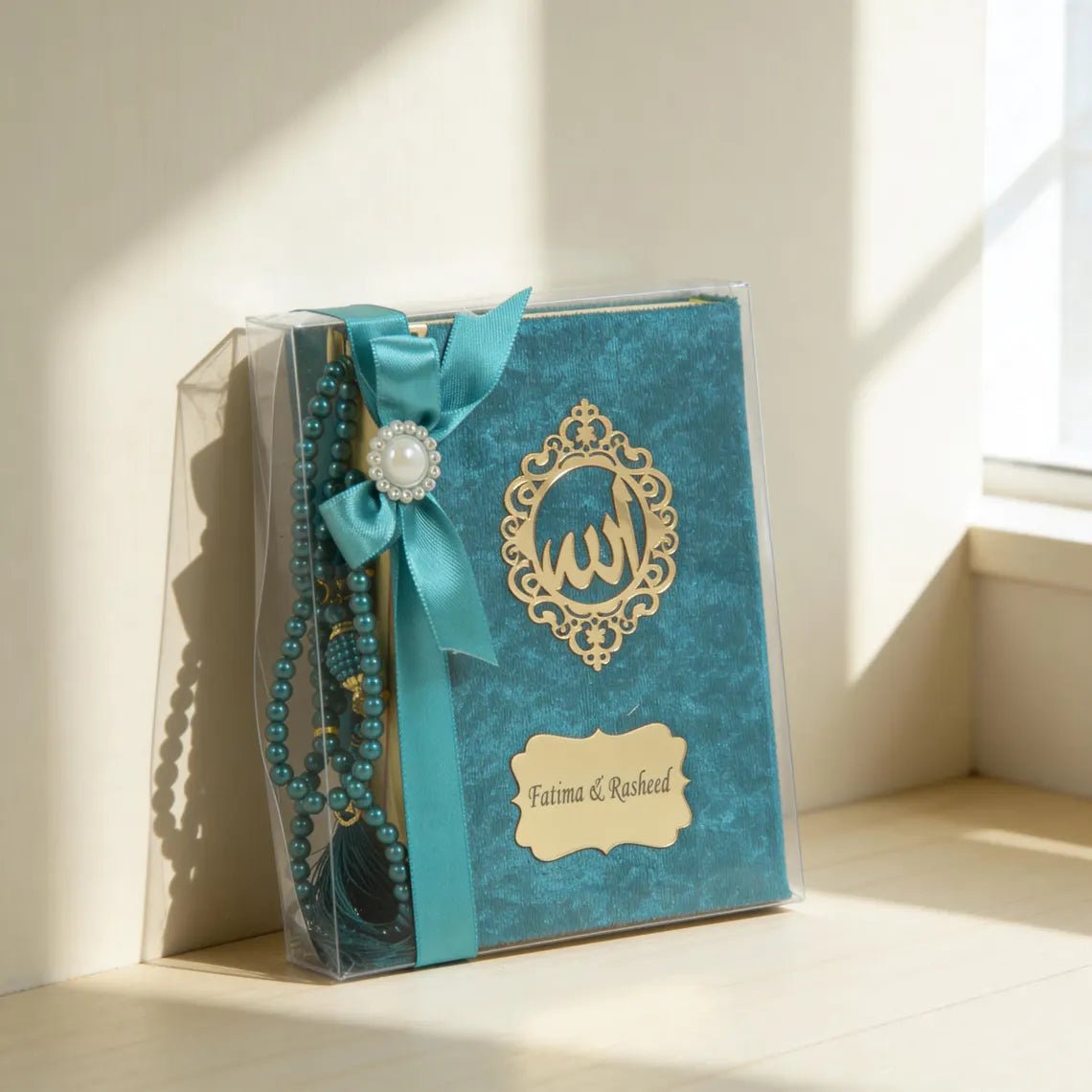 Personalized Velvet Quran Gift Set with Tasbeeh, Pocket Size Madinah Script Quran, Islamic Gift, Eid, Wedding Gift - ihvan