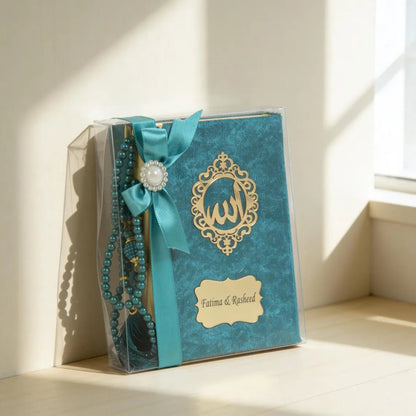 Personalized Velvet Quran Gift Set with Tasbeeh, Pocket Size Madinah Script Quran, Islamic Gift, Eid, Wedding Gift - ihvan