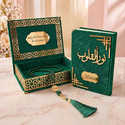 Personalized Velvet Quran Gift Set with Tasbih and Keepsake Box, Islamic Gift Wedding Favors - ihvan