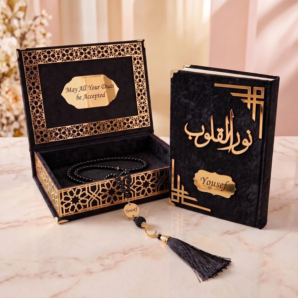 Personalized Velvet Quran Gift Set with Tasbih and Keepsake Box, Islamic Gift Wedding Favors - ihvan