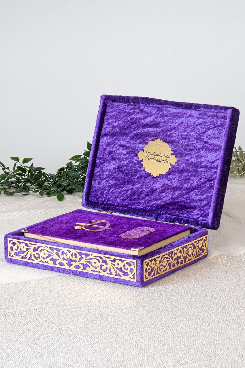 Personalized Velvet Quran Set with Plexiglass Elif - Vav Embellishments – Luxury Gift Box - ihvan