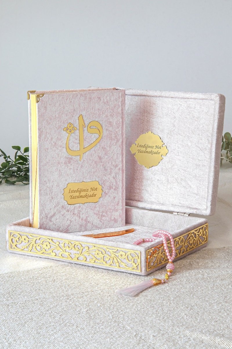 Personalized Velvet Quran Set with Plexiglass Elif - Vav Embellishments – Luxury Gift Box - ihvan