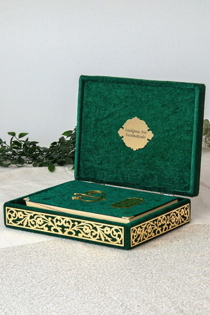 Personalized Velvet Quran Set with Plexiglass Elif - Vav Embellishments – Luxury Gift Box - ihvan