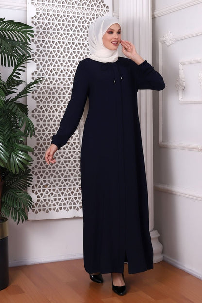 Plain Dark Navy Blue Halter Neck Textured Honeycomb Fabric Abaya 9229-22 - ihvan