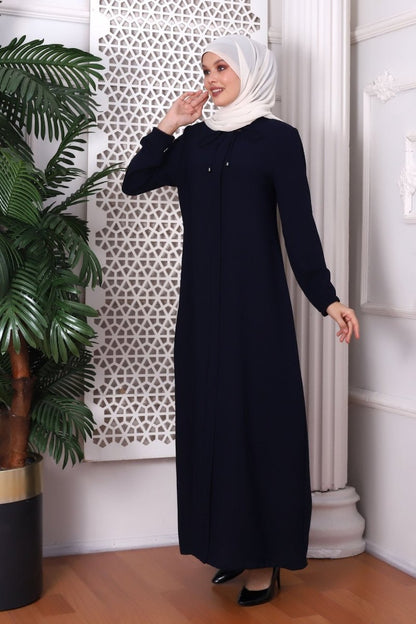 Plain Dark Navy Blue Halter Neck Textured Honeycomb Fabric Abaya 9229-22 - ihvan