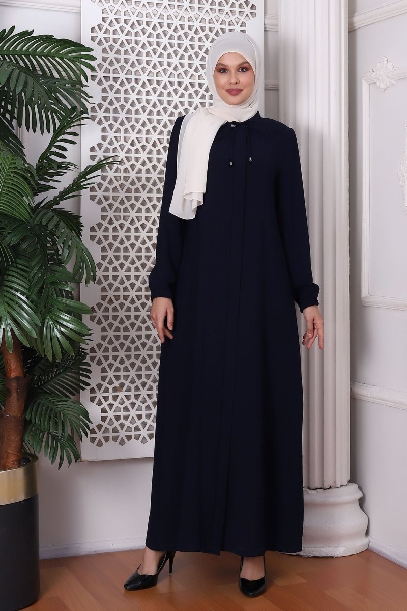 Plain Dark Navy Blue Halter Neck Textured Honeycomb Fabric Abaya 9229-22 - ihvan