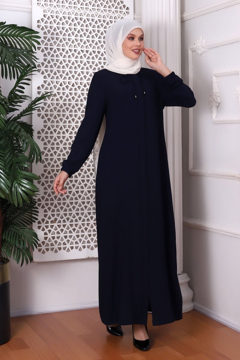 Plain Dark Navy Honeycomb Fabric Abaya with Neck Tie 9229 - 22 - ihvan
