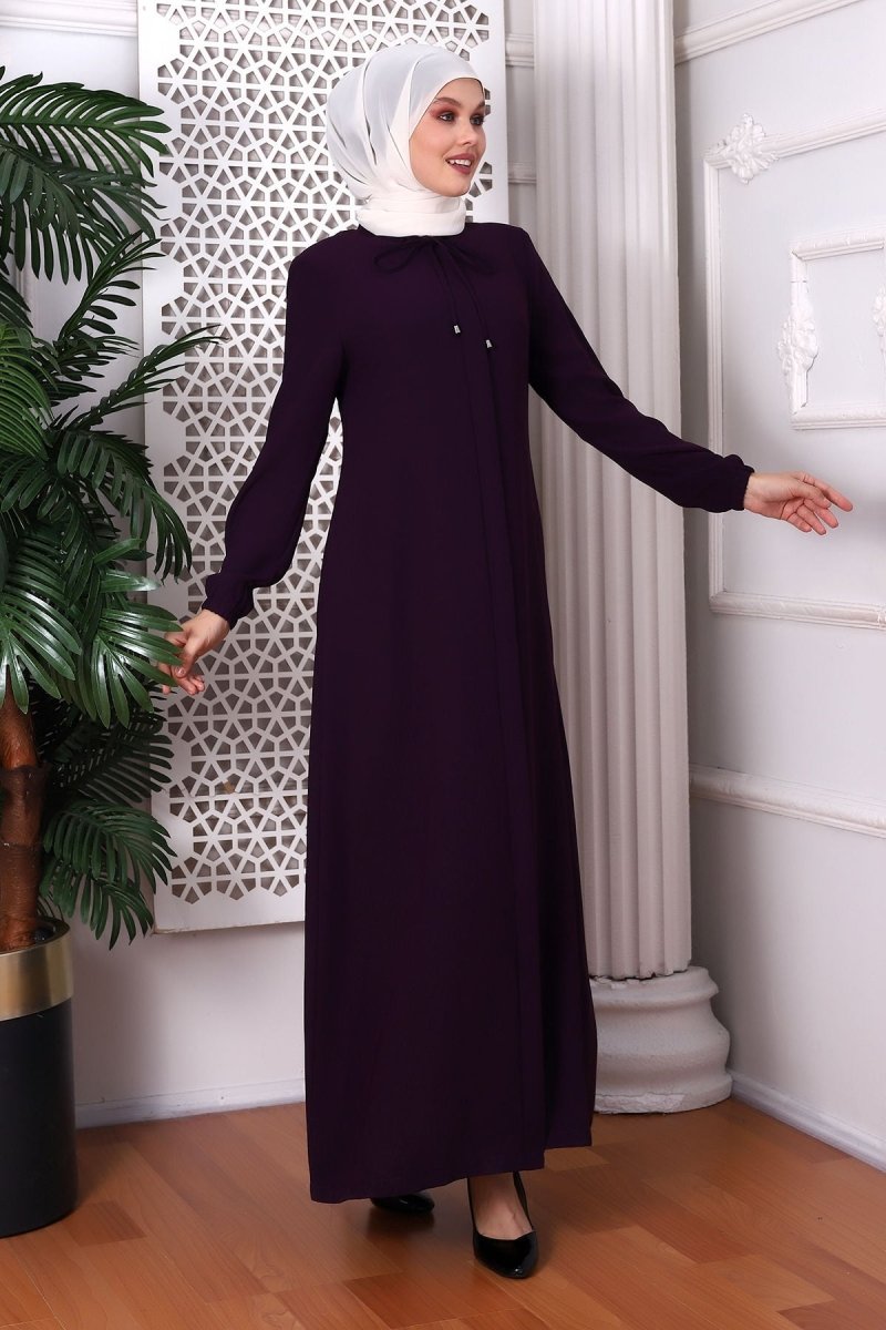 Plain Plum Neckline Lace - Up Abaya 9229 - 22 - ihvan