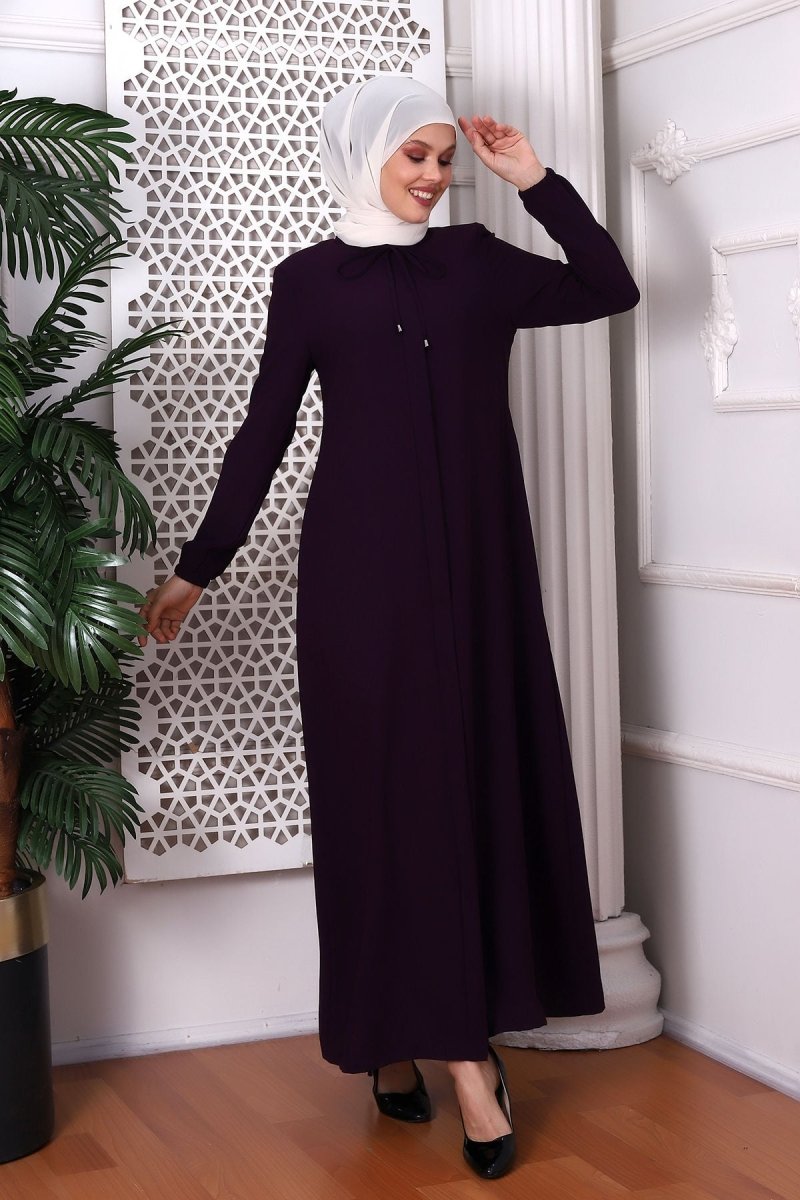 Plain Plum Neckline Lace - Up Abaya 9229 - 22 - ihvan