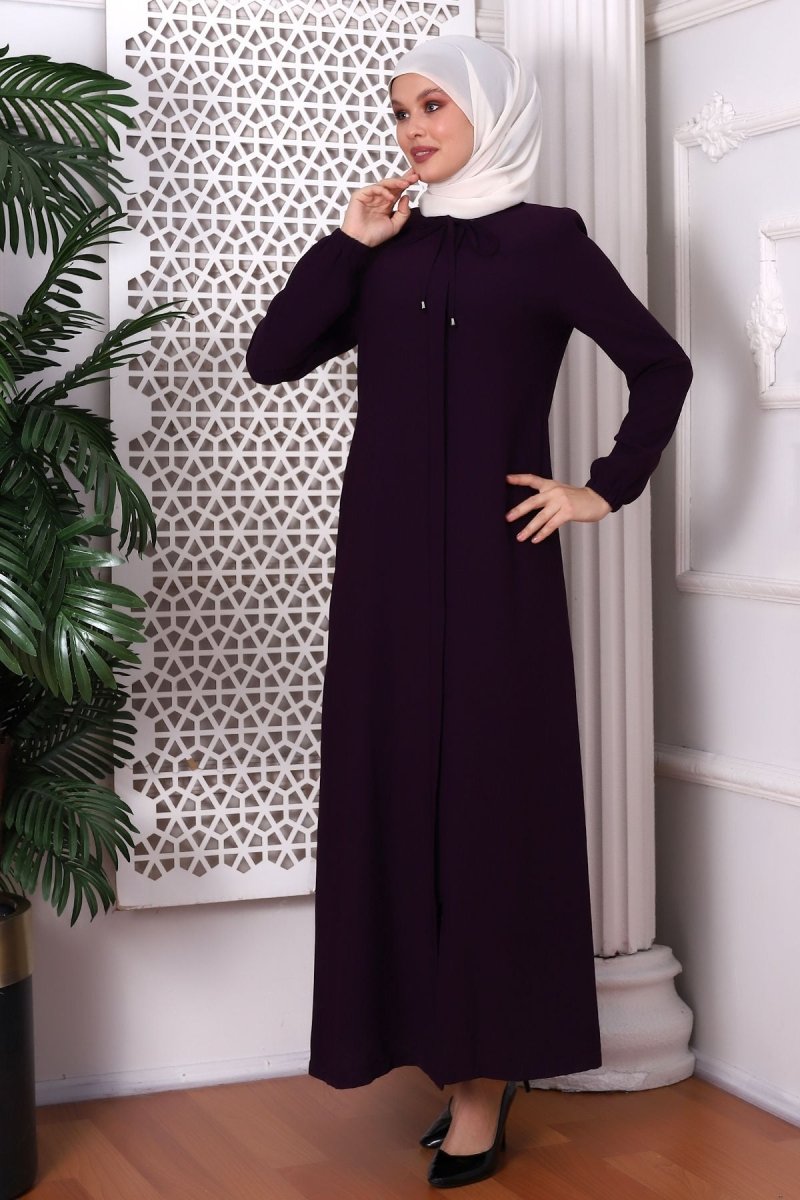 Plain Plum Neckline Lace - Up Abaya 9229 - 22 - ihvan