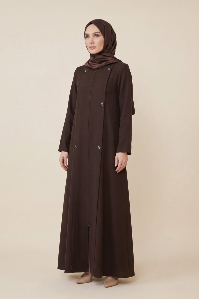 Pleated Detail Abaya with Zipper, Pockets, Crew Neck, Double Cuffs 9554 - 26 Coffee - ihvan