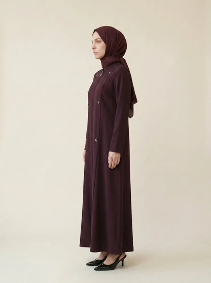 Pleated Detail Double Cuff Zippered Abaya Plus Size with Pockets Crew Neck 4 Seasons Plum 9554 - 26 - ihvan