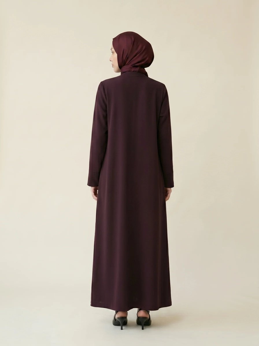 Pleated Detail Double Cuff Zippered Abaya Plus Size with Pockets Crew Neck 4 Seasons Plum 9554 - 26 - ihvan