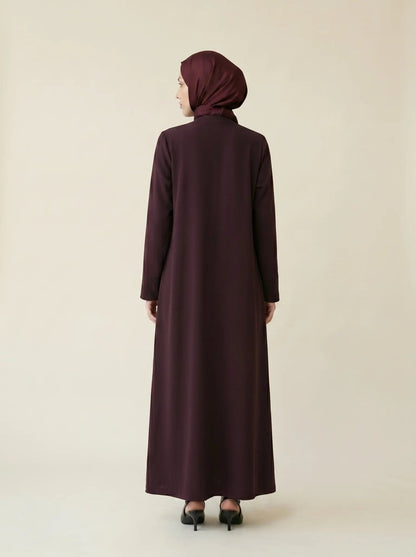 Pleated Detail Double Cuff Zippered Abaya Plus Size with Pockets Crew Neck 4 Seasons Plum 9554 - 26 - ihvan