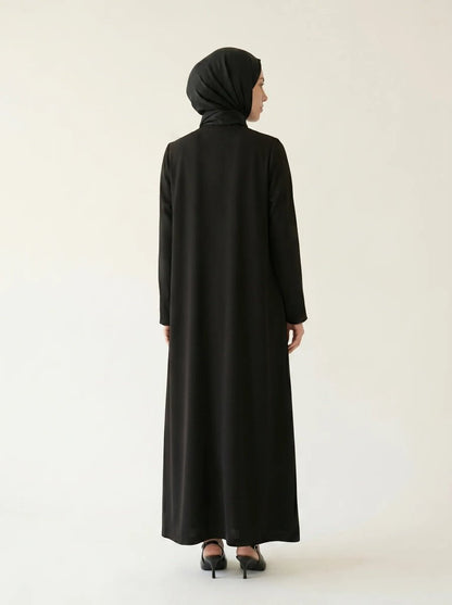 Pleated Detail Double Cuff Zippered Abaya Plus Size with Pockets Crew Neck Four Seasons Black - 9554 - 26 - ihvan